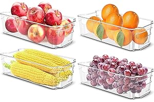 SKY-TOUCH 4PCS Clear Stackable Pantry Organizers and Storage Bins, Plastic Containers Boxes with Handle for Kitchen, Fridge, Shelves Cupboard, Fridge, Kitchen, BPA Free