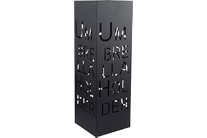 Baroni Home Schirmständer mit modernem Design aus Metall mit Umbrella Schnitzerei - Schwarz Schirmständer mit Haken und abnehmbarem Auffangfach für Heim- und Bürodekoration 15,5x15x49 cm