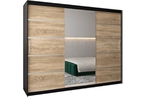 ‎MEBLE KRYSPOL MEBLE KRYSPOL Kleiderschrank mit Spiegel Verona 2 - Garderobenschrank - Schrank Schlafzimmer - Mehrzweckschrank DREI Schiebetüren - Regalen - Flur Möbel - Kleiderstange Schrank - Allzweckschrank