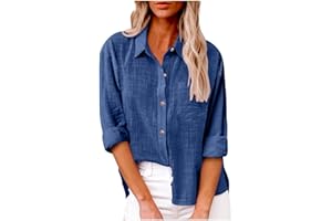 HAOLEI Chemise Femme Coton Et Lin Chemisier Col en V Bouton Manches Longues Tops Couleur Unie LâChe Respirant T-Shirts Grande Taille Pas Cher Casual Coton Lin Tunique Blouse