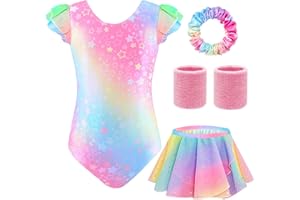 TOSZOLY Maillot Gimnasia Rítmica Niña – Conjunto 5 Piezas, Maillot Sin Mangas, Falda, Cinta para el Cabello, Muñequeras, Tenue de Ballet para Niñas de 4 a 9 Años para Espectáculos, Entrenamiento