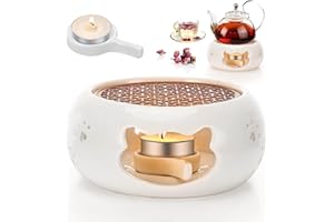 LEDEBOUK Chauffe Théière Céramique, Réchaud pour Théière, Chandelier Chauffe-théière avec Bougeoir et Tapis De Poêl, Design Creusé Sculpté Chauffe Thé en Porcelaine pour Le Thé, Lait, Café
