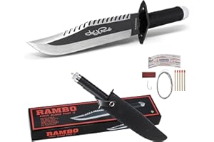 VIKING GEAR Rambo Messer John Rambo First Blood Part II Signature Edition Rambomesser mit Kompass, Haken zum Angeln mit Schnur, Pflaster, Streichholz und Messerscheide PU Leder