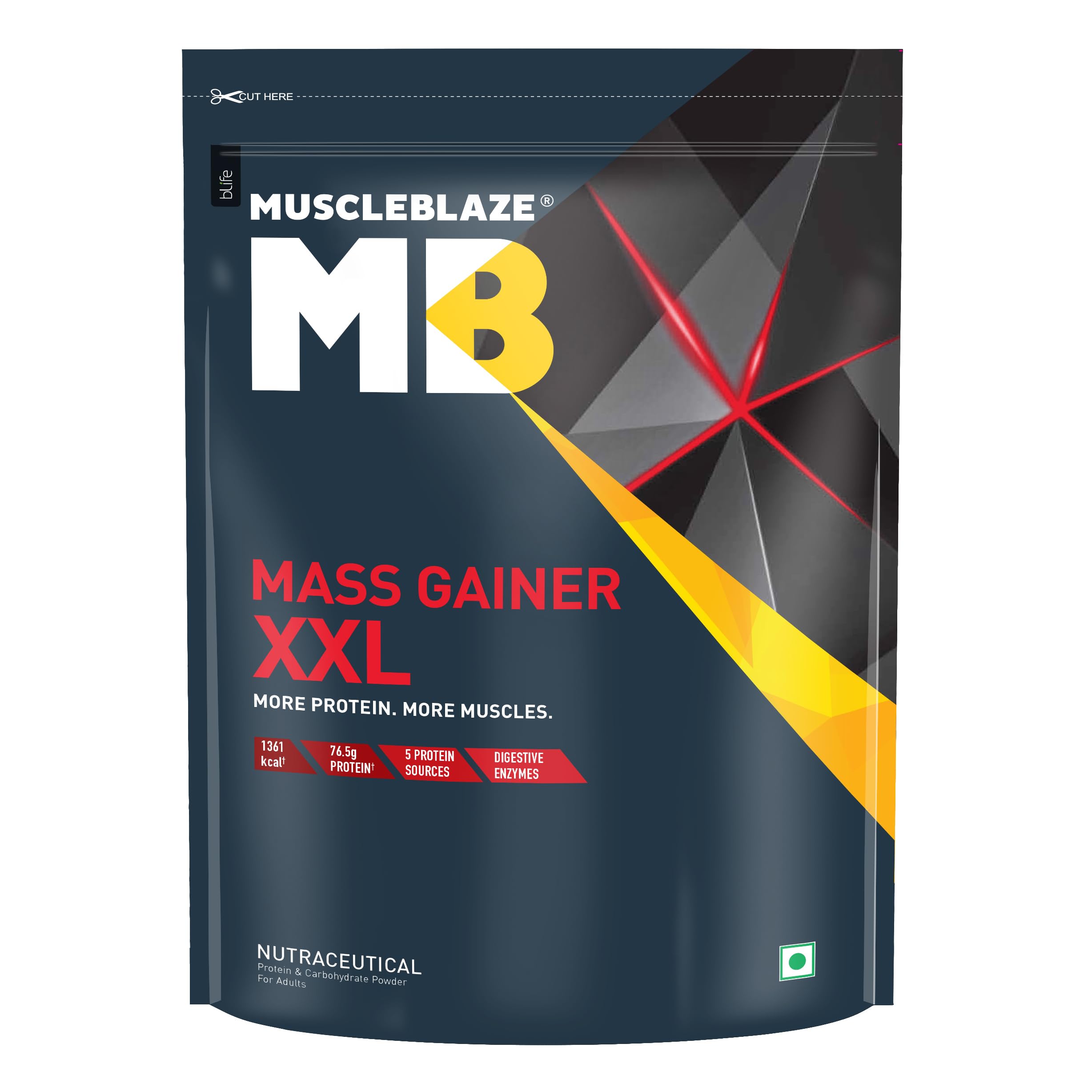 MuscleBlaze Mass Gainer Xxl Powder (Chocolate, 1Kg / 2.2Lbs, 10 Servings) | With Complex Carbs, High Protein & Digestive Enzy