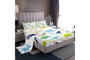 LOUSSIESD Juego de sábanas de dinosaurio para niños, sábana bajera ajustable con diseño de animales lindos, 1 sábana encimera y 1 sábana con 2 fundas de almohada coloridas (doble)