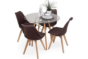 Homely - Conjunto de Comedor Tower 90 Day Cristal Mesa de Cristal Redonda de 90 cm y 4 sillas Day (Chocolate)