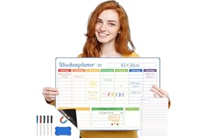 DEEPTON A3 Wochenplaner Abwischbar Kühlschrank, Wochenplaner Magnetisch mit Tagesplan, Familienplaner Abwischbar für Haushaltsplaner, Essensplaner, Einkaufsliste, mit 5 Markern, Schwamm Magnetisch