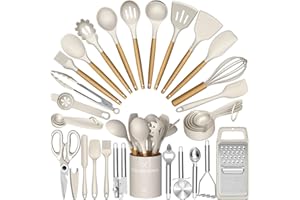 Terlulu Kitchen Utensils Set, 34PCS Silicone Cooking Utensils Set with Wooden Handle, Heat Resistant Silicone Utensil Set, Tongs Spatula Spoon Set for Nonstick Cookware, Kitchen Tools (Khaki)