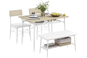 HOMCOM Stół do jadalni z 2 krzesłami, ławka, zestaw 4 sztuk, stół kuchenny z półką dla 4 osób, zestaw do jadalni do małych pomieszczeń, kuchnia, salon, dąb