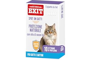 Natural Exit Antiparassitario per Gatti – Spot On Naturale con Olio di Neem – 5 Pipette Antiparassitario Gatti da 1ml – Antipulci Gatto contro Pulci, Zecche e Zanzare