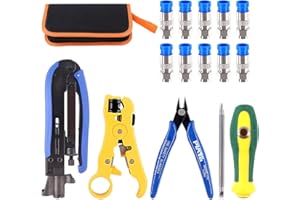 Glarks Adjustable Coaxial Compression Tool Coax Cable Crimper Electrical Wire Cable Cutter Kit, RG6 RG59 RG11 75-5 75-7 Coaxial Cable Stripper with 10pcs F Compression Connector Packed In Leather Bag