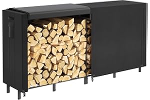 Lifewit Range Buche Interieur, 243,8×58,5×122cm Rangement Bois Interieur Porte Buche Cheminée Exterieur Panier Buche avec Couverture Imperméable Poche Latérale pour Extérieur, Noir