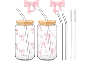 Cosmeria Juego de Vasos con Tapa y Pajita, 2 Vasos de Borosilicato con Lazo, Incluye 2 Pajitas de Vidrio y Tapas de Silicona