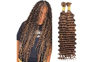 Evaxilc Deep Wave P4/30 Highlight Brown Human Braids Hair Invisible No Weft Unprocessed Virgin Bulk Hair Extensions For Boho Braids 50g/Bundle Total 100g 16 16 Inch
