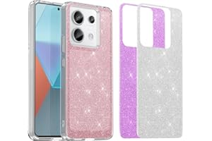 Yojiong Funda para Xiaomi Redmi Note 13 Pro 5G / Poco X6 5G, Glitter Brillo Carcasa con 2 Pegatinas Brillantes(Plata, Púrpura), Híbrida PC + Silicona TPU Bumper Anti-Rasguños Bling Cover - Rosa