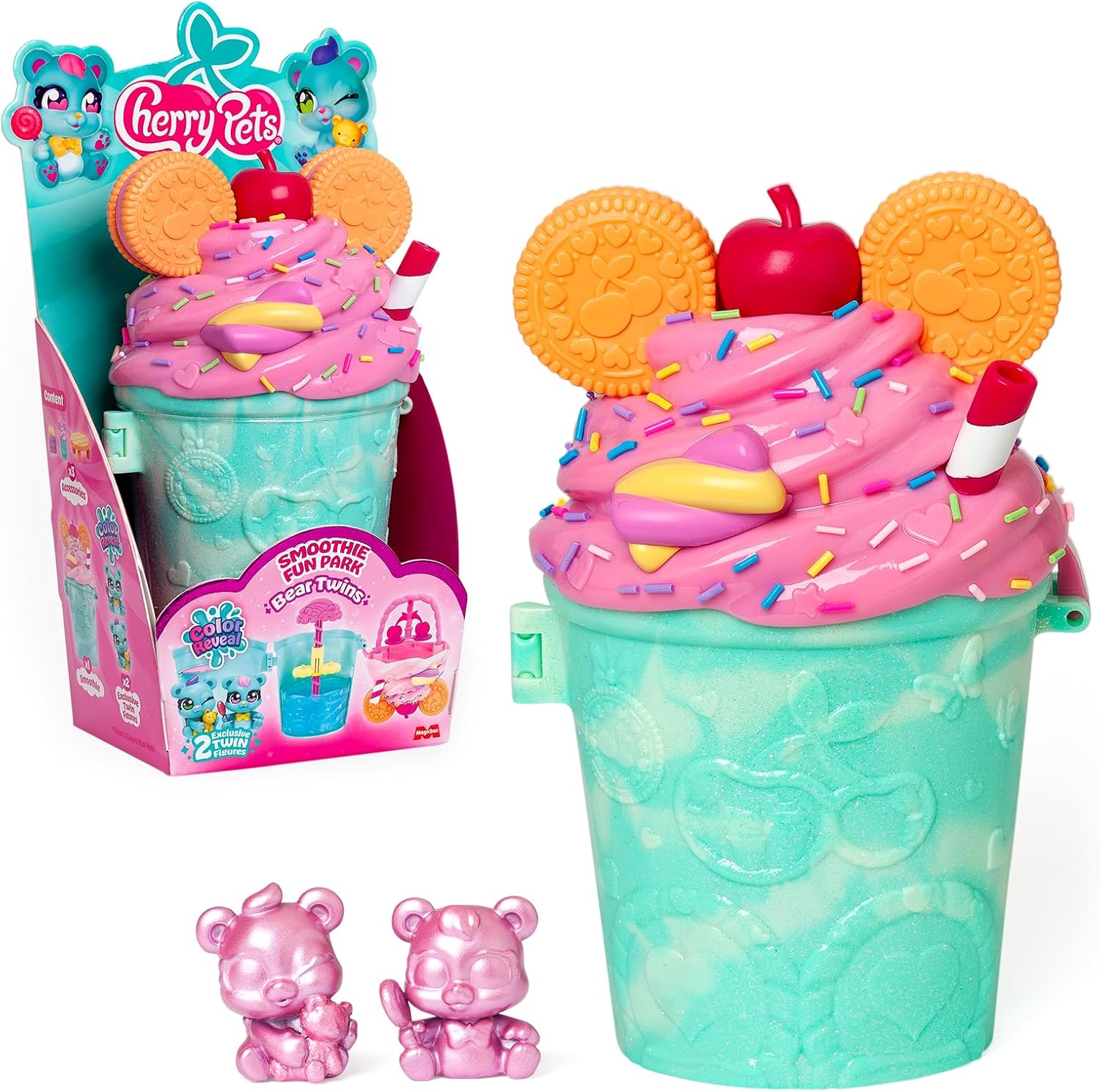 Cherry Pets – Smoothie Fun Park Bear Twins. Casita con Parque de Atracciones en Forma de Smoothie: Incluye 1 Smoothie, 2 Figuras exclusivas “Color Reveal” y 3 Accesorios