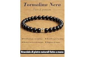 Landorilo Bransoletka z kamienia naturalnego dla kobiet mężczyzn, inicjał bransoletki 6 mm czarny turmalin ze srebra próby 925, spersonalizowane kreatywne prezenty. Litera A-Z