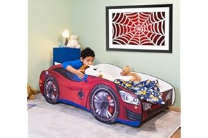 ‎ALCUBE Alcube® Autobett 80x160 cm PKW Spider CAR mit Lattenrost und Matratze MDF beschichtet - mit Motivfolie beklebtes Spielbett Kinderbett 160x80 cm für kleine Spinnenmann - Rot