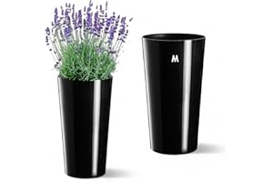 ‎MELTOM Blumenkübel Rund Hochglanz Slim Blumentopf mit Herausnehmbaren Einsatz Größe M/DxH: 19,5 x 36,5 cm Schwarz