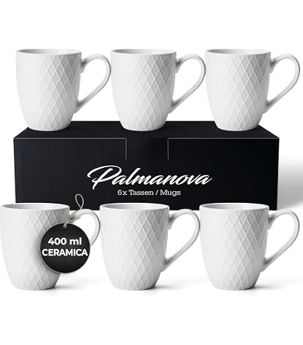 Lot De 6 Mugs Lotus En Grès Blanc - 350 Ml, Design à Relief, Compatible Lave-Vaisselle Et Micro-Ondes