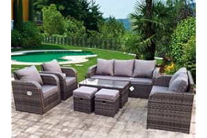 UK Leisure World NEW RATTAN WICKER CONSERVATORY OUTDOOR GARDEN RECLINER FURNITURE SET CORNER SOFA TABLE (Grey with grey cushions)