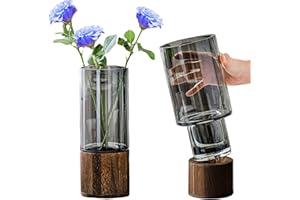 DYUEE Glass Vase Cylindrical Smoked Grey Flower Vase with Wooden Base Plant Vases for Pampas Grass Dried Flowers, Boho Rustic Style Vases for Wedding Home Decor Table Centerpieces 10Inch/25Cm Tall (Clear)