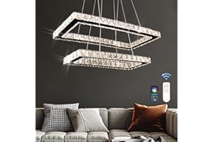 ‎FINKTONGLAN Finktonglan Moderne Kristall-Kronleuchter mit Fernbedienung, 20,5'' Dimmbare 2 Ringe Rechteckige LED-Kristall-Kronleuchter, Insel Licht Pendelleuchte für Küche Esszimmer Wohnzimmer (mehrfarbig)