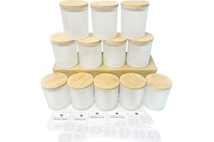 CONNOO Confezione da 12 barattoli per candele in vetro smerigliato con coperchio in bambù per realizzare candele vuote, con coperchi in legno, contenitori per candele puliti, lavabili in lavastoviglie