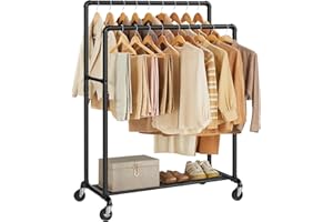 SONGMICS Kleiderständer, Kleiderstange, Garderobenständer mit 2 Kleiderstangen und Ablage, Rollen, bis 110 kg belastbar, Industrie-Design, für Schlafzimmer, Ankleidezimmer, schwarz HSR60B