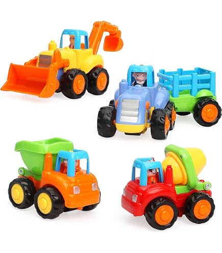 NiToy 4er Set Drückautos – Spielzeug Für Kinder Ab 2 Jahre, Baustellenfahrzeuge Mit Tier-Design