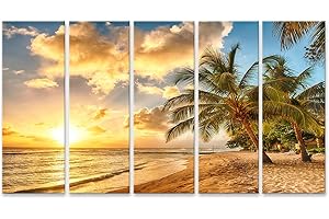 islandburner Tableau sur toile Magnifique coucher de soleil sur la mer avec vue sur les palmiers Barbade Caraïbes Cadre Affiche Poster Murale Tableaux