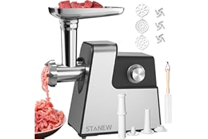 ‎STANEW STANEW Fleischwolf, 4-in-1 Elektrischer Fleischwolf, 3500W mit 3 Edelstahl-Schleifplatten (4/8 mm, fächerförmig), 3 Klingen, Wurstfüller aus Edelstahl