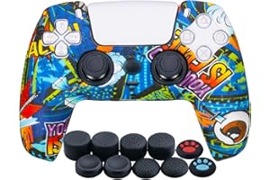 YoRHa Silicona Espesar Impresión Funda Piel Carcasas Cubierta Compatible de PS5 Mando x 1 (Graffiti Azul) con Agarres para el Pulgar x 10
