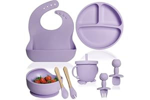 Bluet B Baby - Vajilla Bebe Silicona - Plato Bebe Ventosa - Vajilla Infantil Antideslizante sin BPA - Set Silicona Platos Bebe - Cubiertos Bebe BLW - 8 piezas - Morado