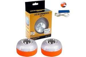 MAGIC SELECT 2x Luce di Emergenza V16, Omologata per Segnaletica Stradale di Auto e Moto. Luce Gialla Lampeggiante e Bianca Fissa con Accensione Automatica, Base Magnetica e Batteria Ricaricabile.