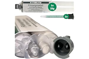 Ber-Fix 2K Flüssigmetall Kleber 25g + Spitze, hitzebeständig bis 120°C, Metallkleber & Metallspachtel, starke Haftung, ideal für Metallreparaturen, Autoauspuff & Motorteile