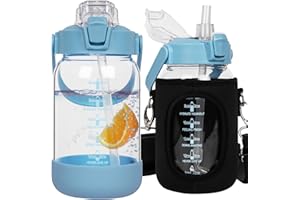 Seekua Szklana butelka na napoje, 1 l, ze słomką i znacznikami czasu, szczelna, duża butelka na wodę o pojemności 1 l, nadaje się do smoothie, nadaje się do mycia w zmywarce