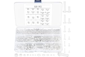SZSLMY Nylon Bolts and Nuts Set, 530 Pcs Flat Round Head Hexagon Bolts Screws Nuts and Nylon Washers, White Nylon Nuts and Machine Bolts Washers for Electrical Mechanica - M2/M2.5/M3/M4/M5/M6