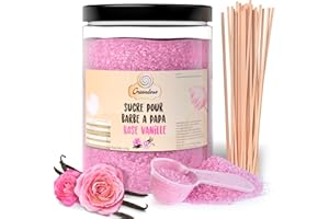 GREENDOSO® Sucre Barbe à Papa pour Machine 1,2 Kg – Saveur Rose Vanille – 50 Bâtonnets + Cuillère Doseuse – MADE IN FRANCE