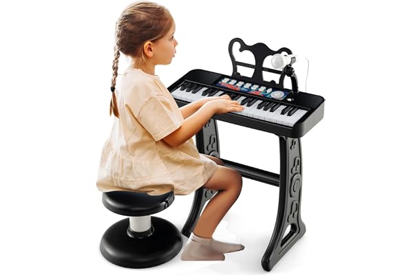 COSTWAY 2 en 1 Piano Numérique à 37 Touches Enfants avec Tabouret & Microphone Réglable, Clavier Electronique Détachable avec Pupitre Amovible, Charge 50kg pour Enfants de 3 Ans+ (Noir)