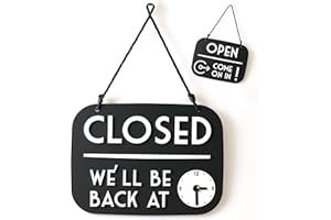 3DP Panneau Open Closed Be right back avec Ventouse, vintage Retro - Horaire ouverture magasin modifiable avec Cadran à Aiguilles (Noir, Anglais)