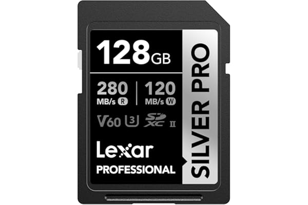 Lexar SILVER PRO Carte SD 128Go, carte mémoire SD UHS-II, V60, U3, C10, Jusqu'à 280Mo/s en lecture, 120Mo/s en écriture, carte SDXC pour DSLR/caméra/photographe/vidéaste/passionné (LSDSIPR128G-BNNAA)