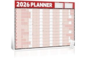 PRINTARA 2026 Wall Planner Calendar A1 (84.1x59.4cm) – Large Laminated Year Planner with Stickers, for Office Home School Academic & Business Planning, Red, Weekday Highlight