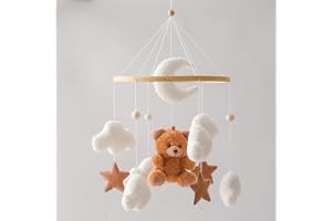 Mobil för babysäng med ringa, vita moln, måne och brun björn, hängande dekoration för babyrum
