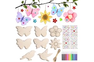 JOYEASE 57 Stück Bastelsets für Kinder, Basteln Kinder Schmetterling Blume Vogel Holzanhänger zum Bemalen, Kindergeburtstag Basteln Mädchen, DIY Kreativsets mit Aquarellstift Edelsteinaufkleber