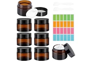 RVLZKCPG 8 barattoli vuoti in vetro ambra, da riempire con adesivi e 2 spatole, vasetti in vetro con coperchi, per unguento da 50 ml, per lozioni, creme, oli essenziali