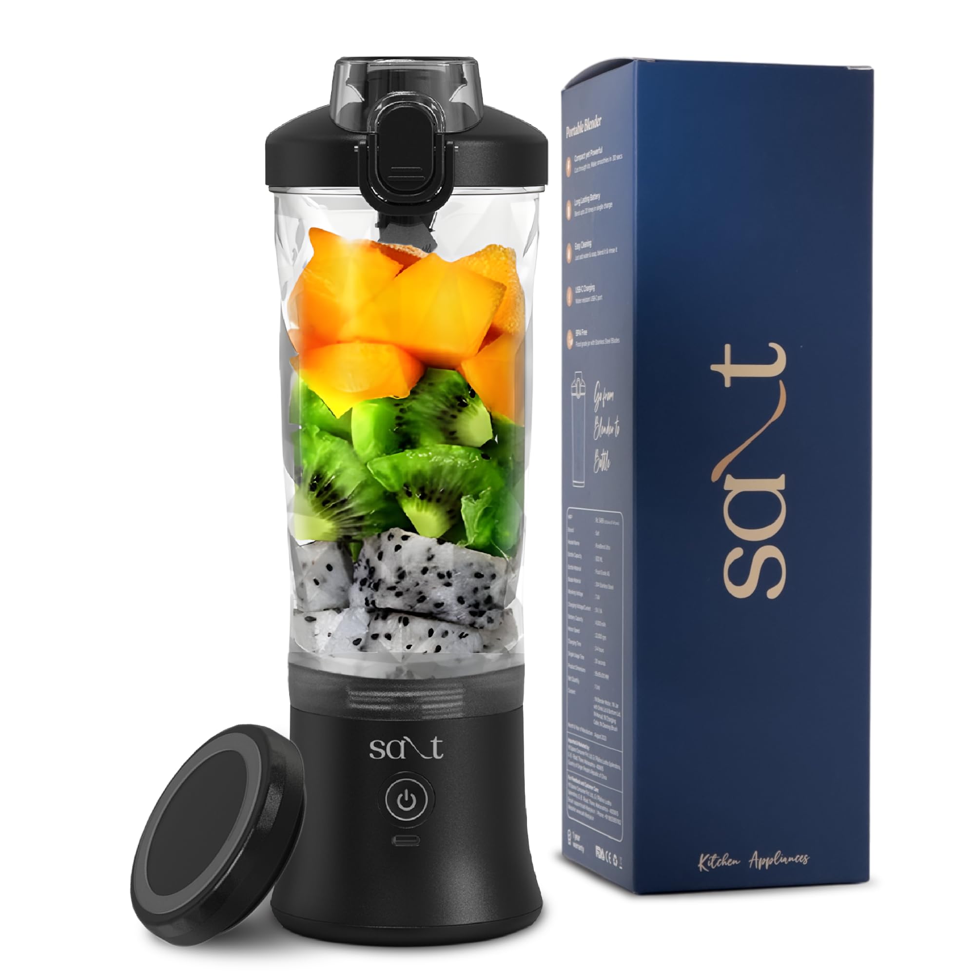 Salt PureBlend Ultra Portable Blender for Smoothies, Protein Shakes, Crushing Ice | 4000 mAh Battery, USB-C Rechargeable | 230W Motor with Turbo Mode | 600ml (Black)