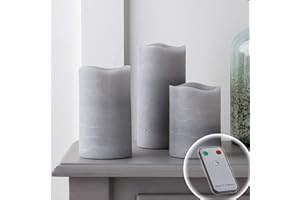 ‎LIGHTS4FUN Lights4fun 3er Set LED Kerzen mit Fernbedienung Timer warmweiß Innen Deko Grau Echtwachskerze Muttertagsgeschenk Kerze