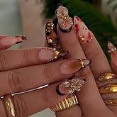 BelleFlair 24Pcs 3D Press on Nails Almond, ongles artificiels faits à la main avec design, flocons d'or marron fleurs écaille