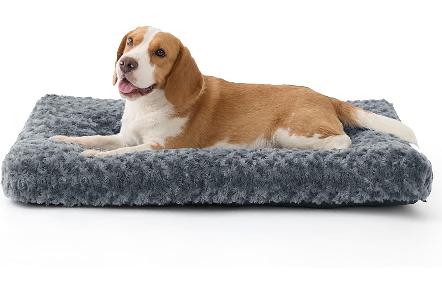Bedsure Large Dog Bed Washable - Swirled Plush Dog Mat Gentle Support, Brushed Dogs Crate Mattress with Non-Slip Bottom, Pet Cushion for Medium & Large Dogs, Grey,89x58x7cm
